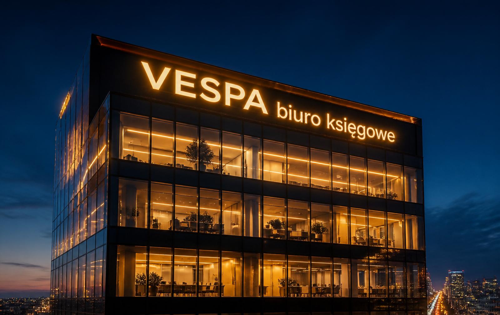 Biurowiec VESPA z podświetlonym neonem 'VESPA biuro księgowe' na dachu, wieczorna panorama Poznania